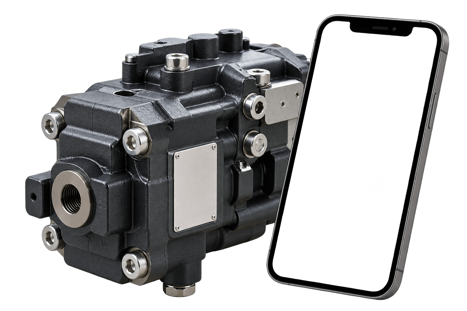 Hydraulikpumpe mit digitalem Produktpass auf dem Smartphone